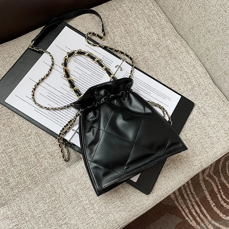 Rhombic Chain Messenger Bag Drawstring Shoulder Bucket Bag