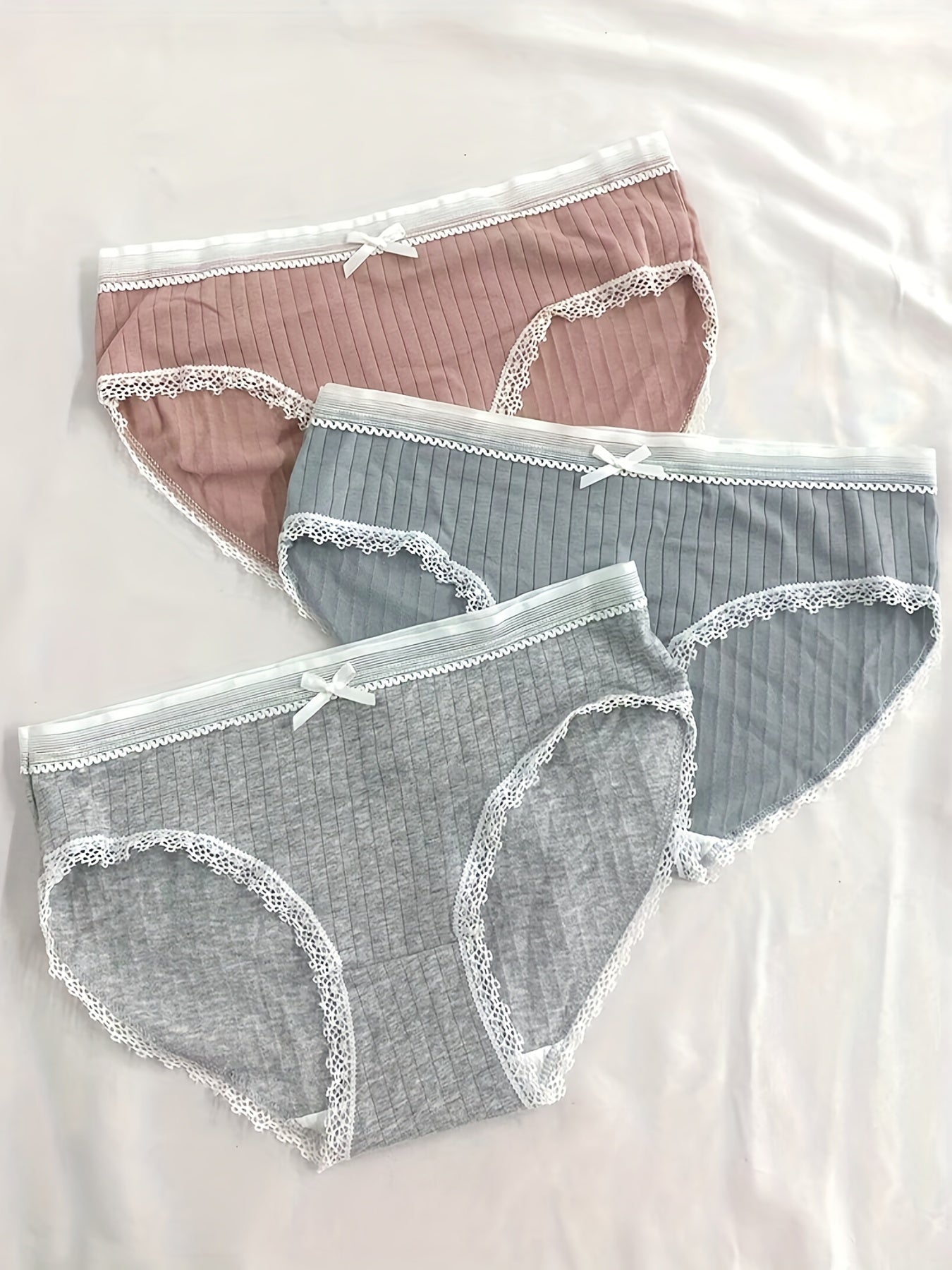 3pcs Ribbed Bow Tie Briefs Soft & Comfy Stretchy Panties Women's Lingerie