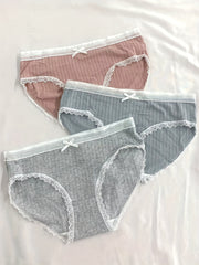 3pcs Ribbed Bow Tie Briefs Soft & Comfy Stretchy Panties Women's Lingerie