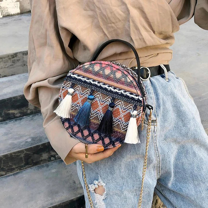 Embroidered Shoulder Bag with Tassel Handbag Chain