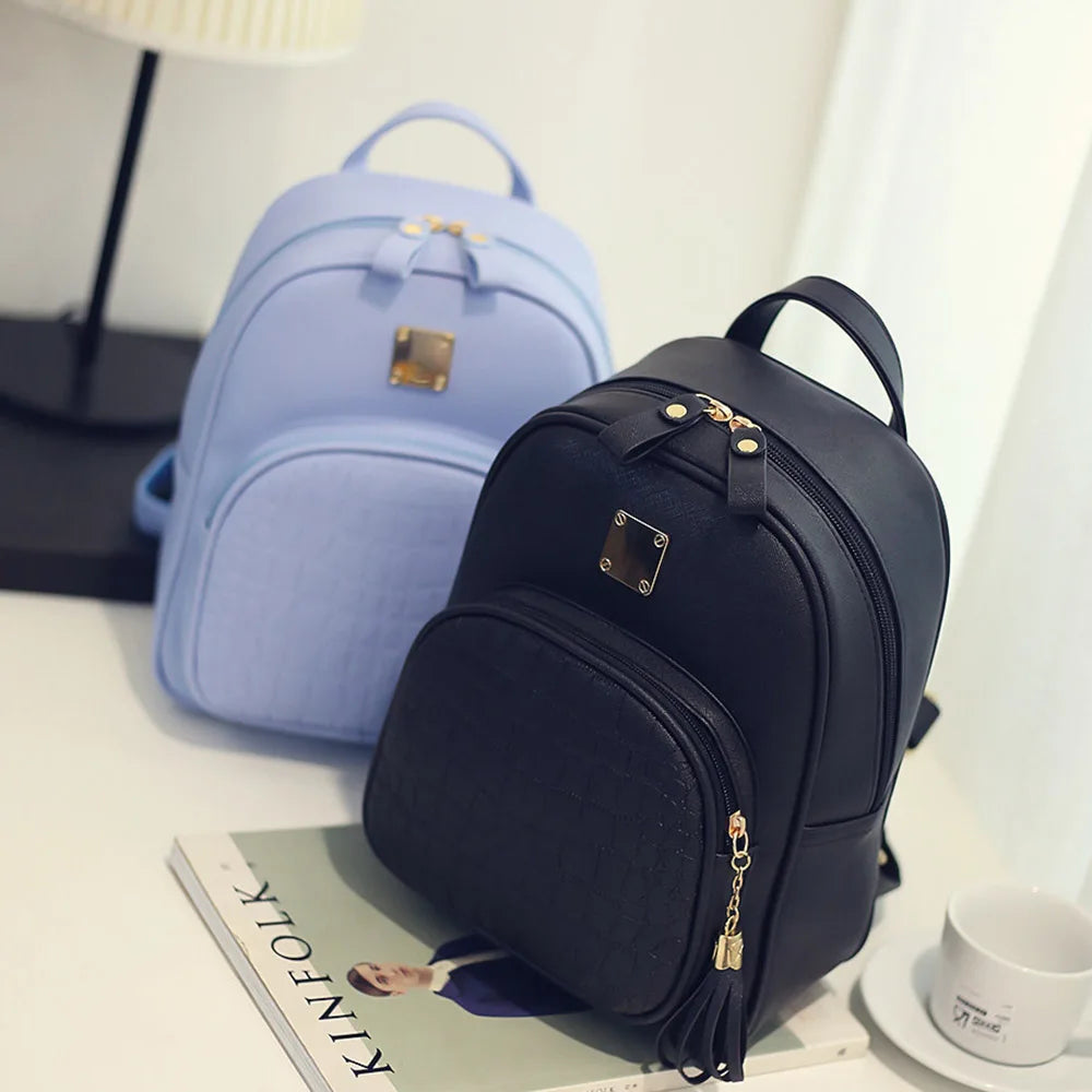 Women Backpack PU Leather Schoolbag for Teenager Girls Female Preppy Style Solid