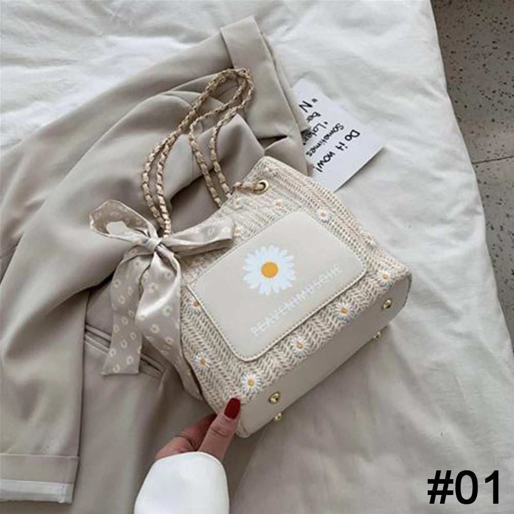 Women Summer Sunflower Straw Large Tote Bag Beach Shoulder Handbag