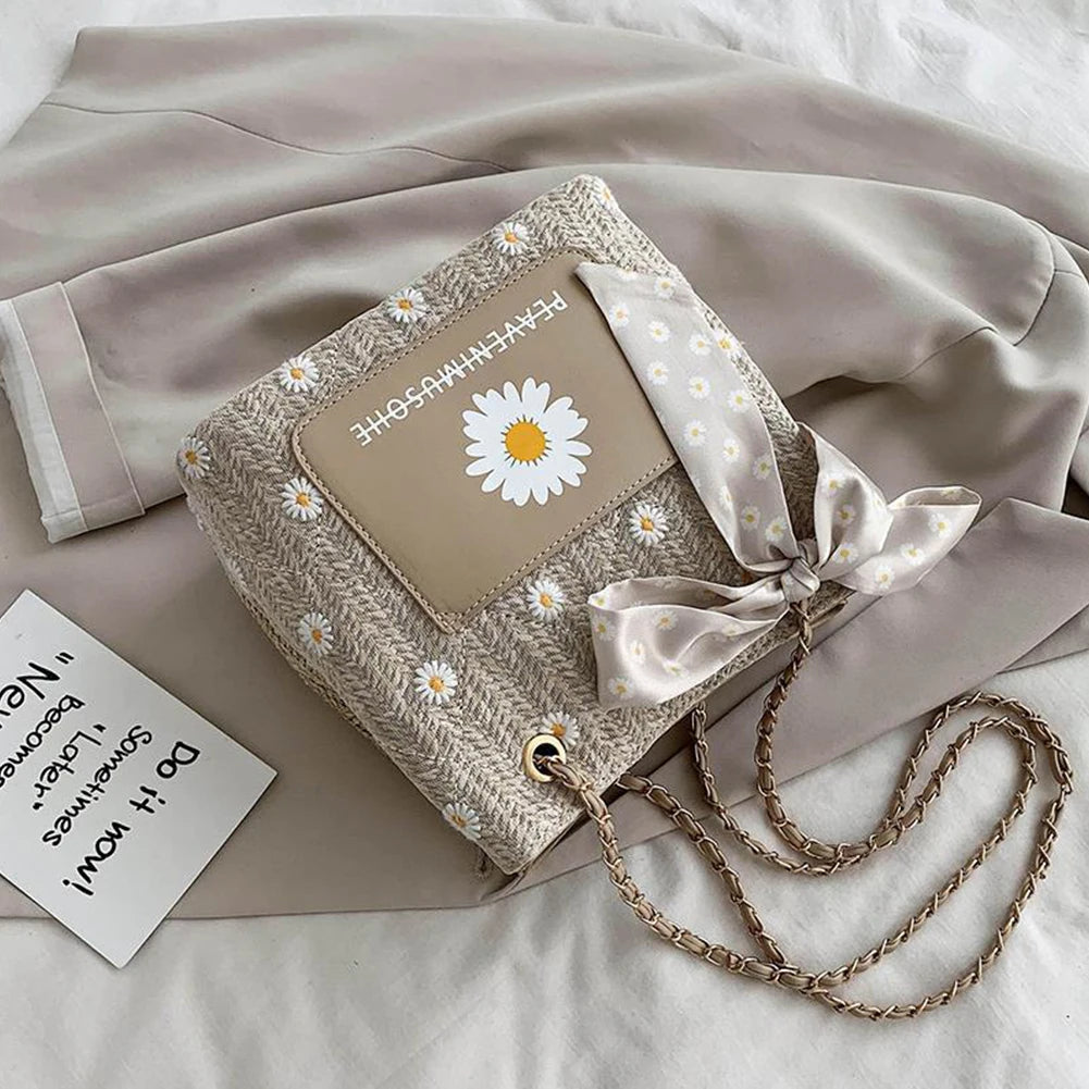 Women Summer Sunflower Straw Large Tote Bag Beach Shoulder Handbag