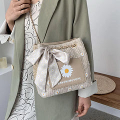 Women Summer Sunflower Straw Large Tote Bag Beach Shoulder Handbag