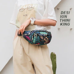Leaf Printed Waist Bags Large Capacity Fanny Pack Men Women Canvas Travel Bag