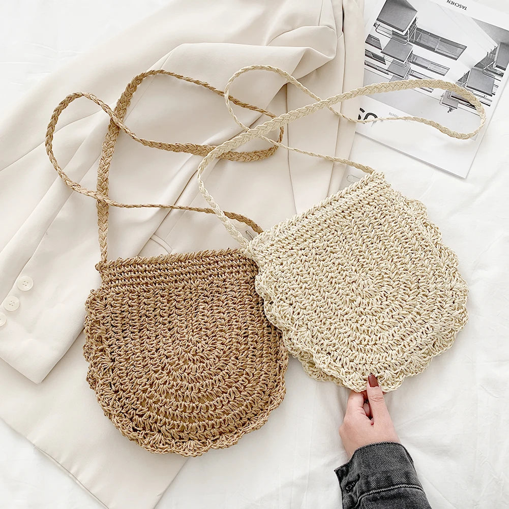 Vintage Woven Half Round Straw Beach Bag Bohemian Crossbody Rattan Bag