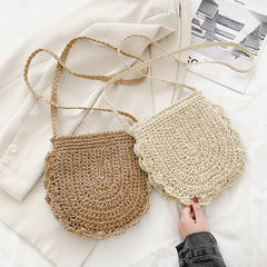 Vintage Woven Half Round Straw Beach Bag Bohemian Crossbody Rattan Bag