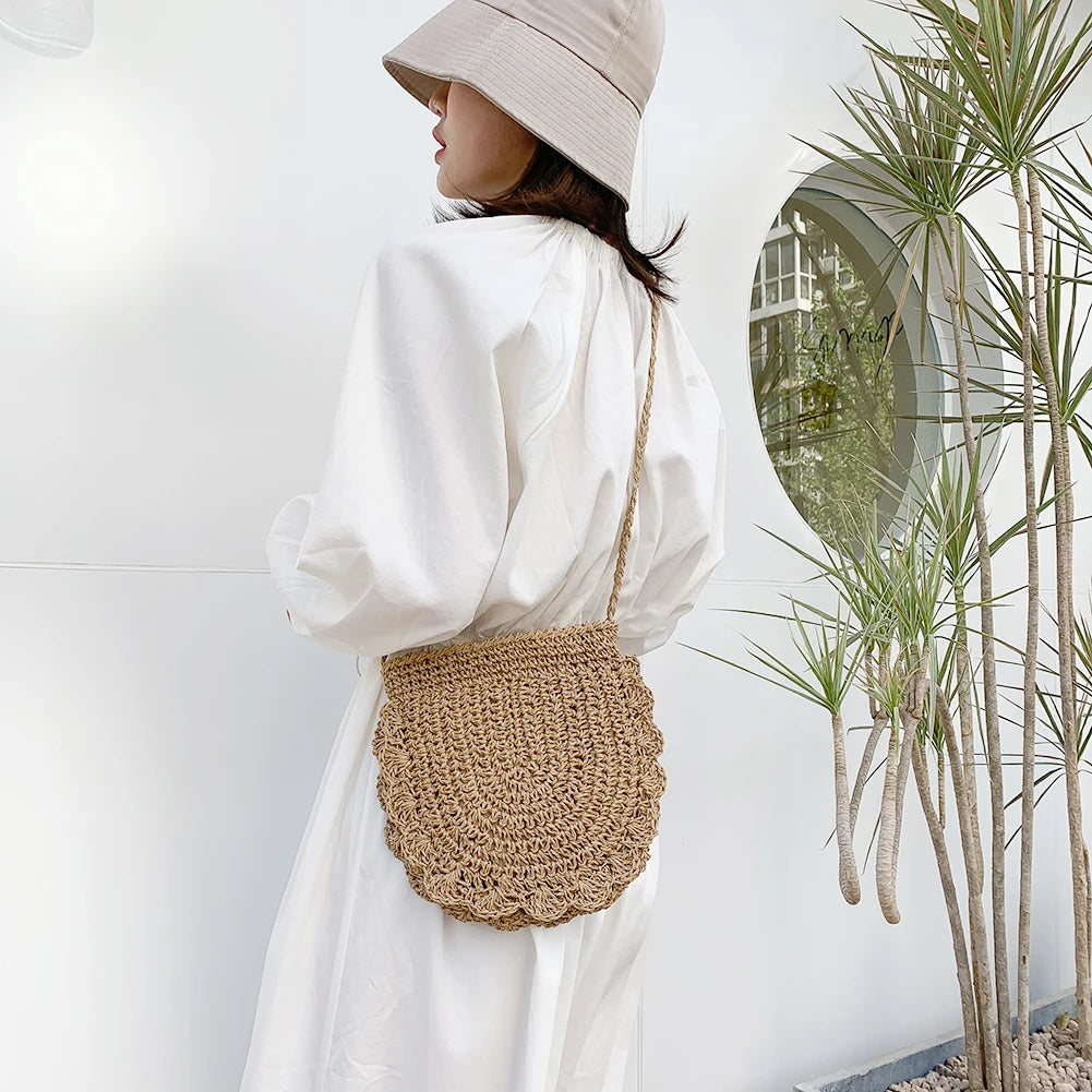Vintage Woven Half Round Straw Beach Bag Bohemian Crossbody Rattan Bag