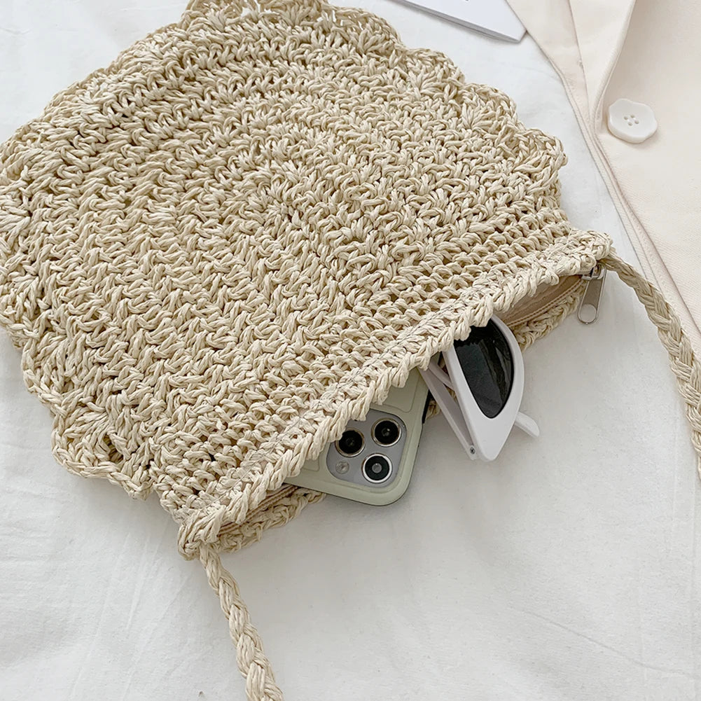 Vintage Woven Half Round Straw Beach Bag Bohemian Crossbody Rattan Bag