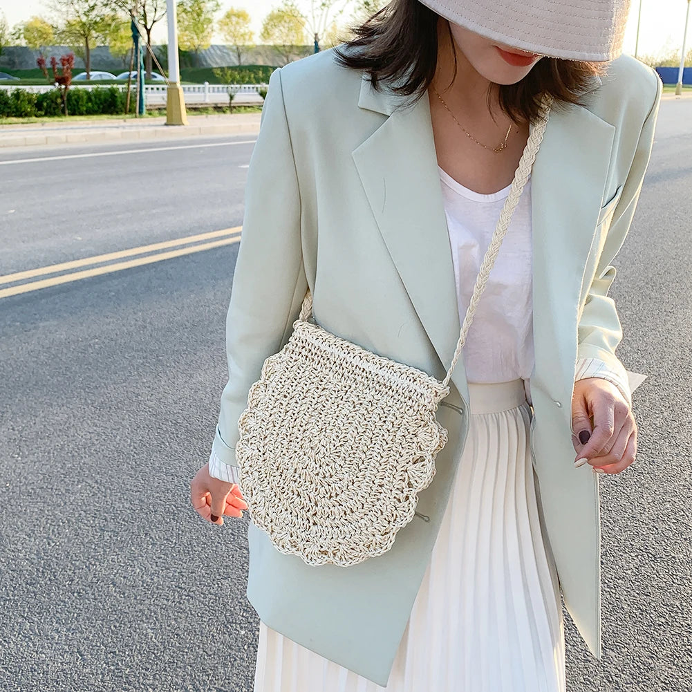 Vintage Woven Half Round Straw Beach Bag Bohemian Crossbody Rattan Bag