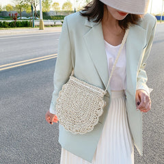 Vintage Woven Half Round Straw Beach Bag Bohemian Crossbody Rattan Bag