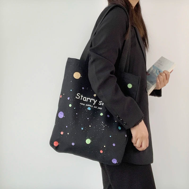 Japanese Style Starry Sky Canvas Tote Bag for Women