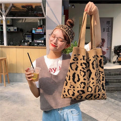 Japanese Style Knitted Leopard Shoulder Bag
