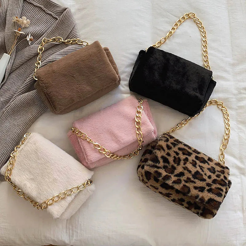 Leopard Print Thick Chain Shoulder Bag Plush Handbag