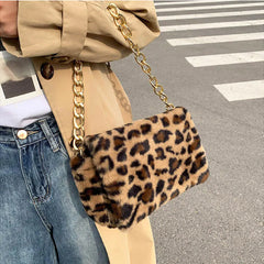 Leopard Print Thick Chain Shoulder Bag Plush Handbag