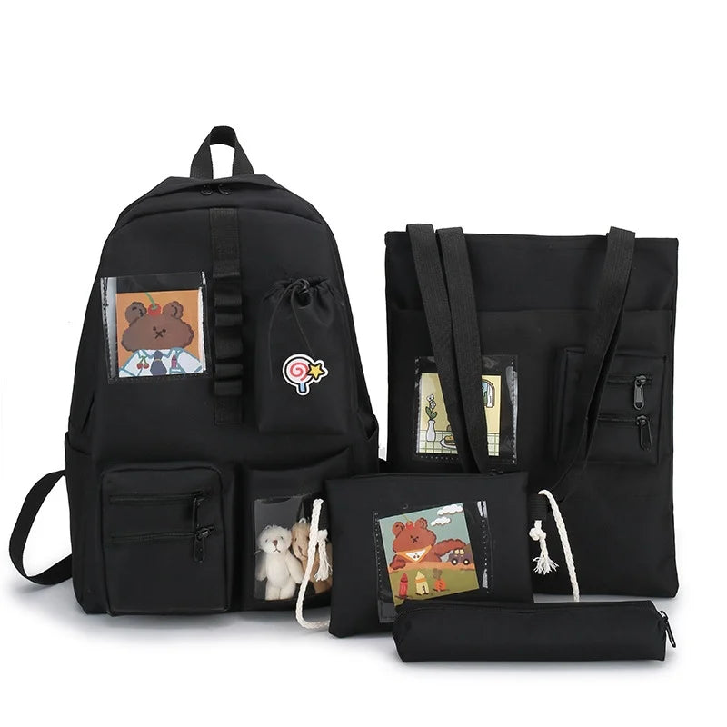 4 Pcs Sets Schoolbags For Teenage Girl Women Backpack Nylon Laptop