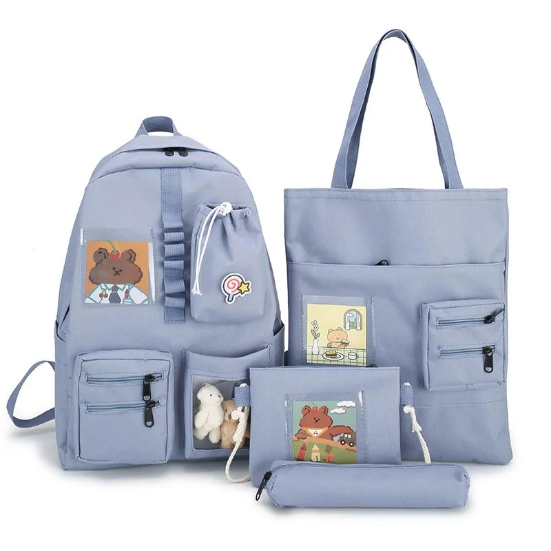4 Pcs Sets Schoolbags For Teenage Girl Women Backpack Nylon Laptop
