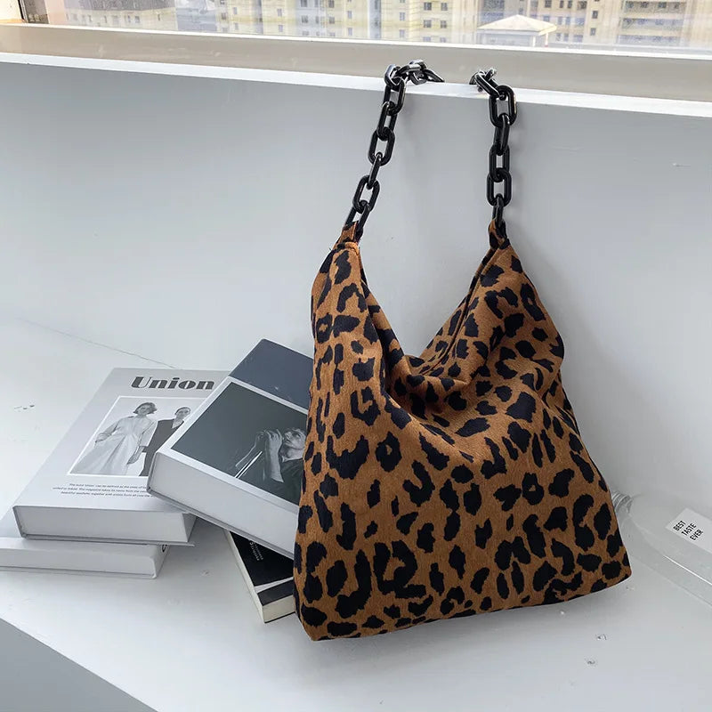 Corduroy Leopard Pattern Handbag with Thick Chain - Warm Crossbody Bag