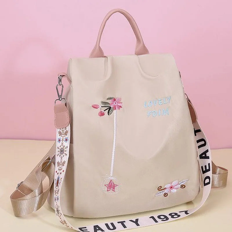 Embroidered Backpack Women Small Fresh Oxford Cloth Backpack Anti-Theft