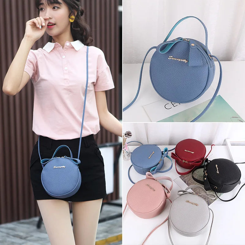 Women Circular Messenger Bag Mini Round Handbag PU Leather Crossbody Bag