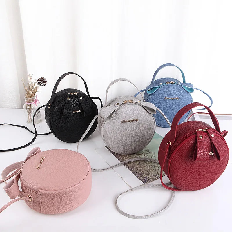 Women Circular Messenger Bag Mini Round Handbag PU Leather Crossbody Bag