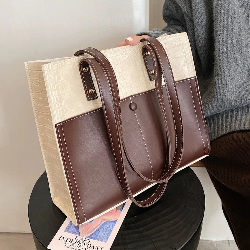 Women Bag Winter Large Capacity Handbags Casual Patchwork PU Leather