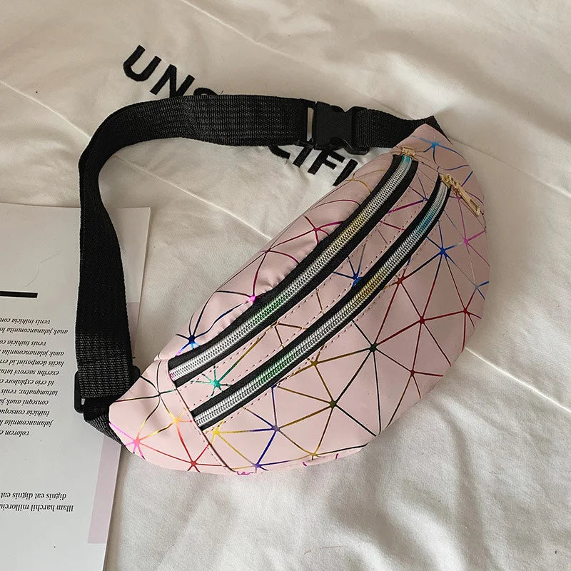 Pink Holographic Waist Bag Geometric Fanny Pack Female Belt Bag