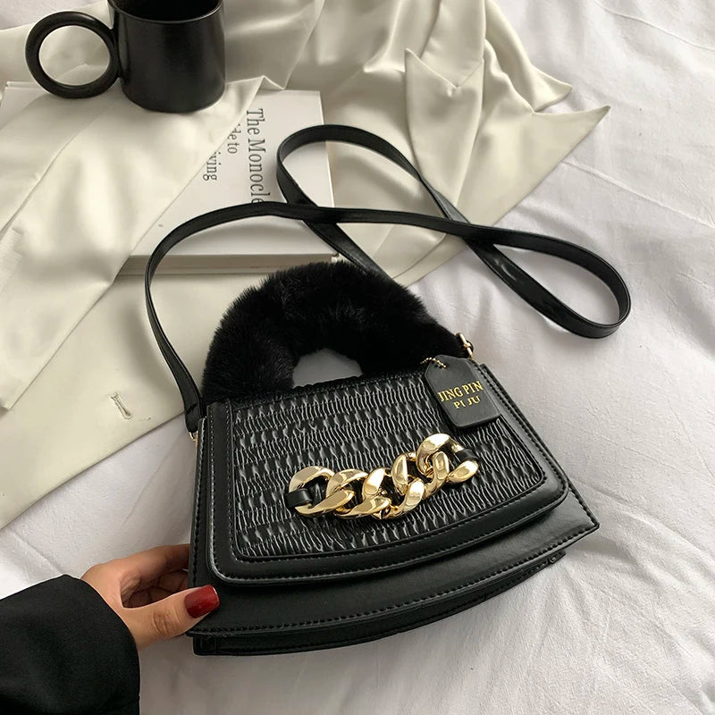 Plush Top-Handle Crossbody Bag Vintage PU Leather Handbag