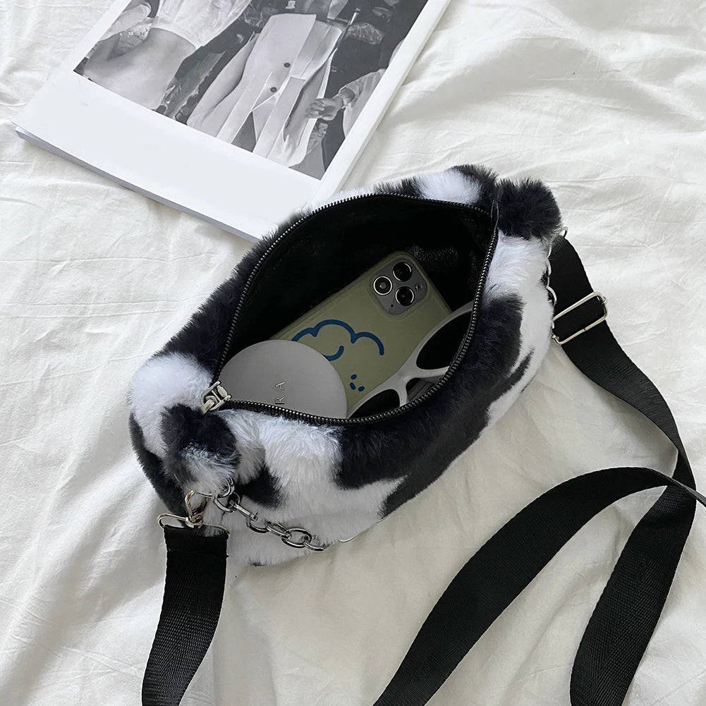 Winter Cow Print Plush Shoulder Bag for Women Crossbody Warm Fur Fluffy Bag