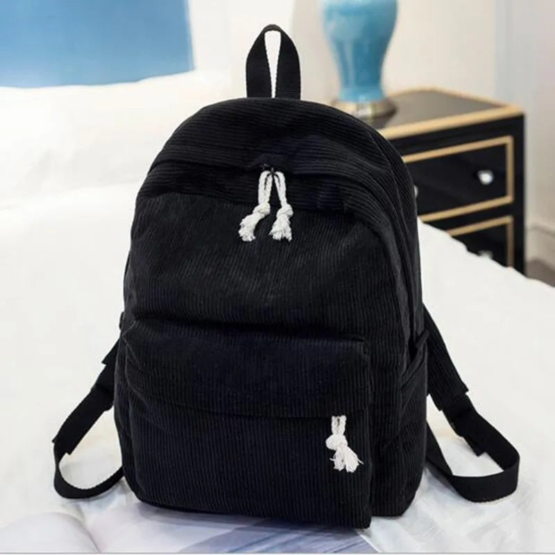 Corduroy School Backpack for Teen Girls Striped Rucksack