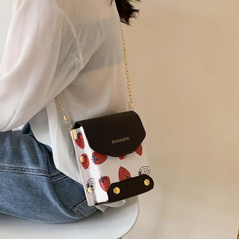 Spring Girl Bag Small Square Shoulder Bag PU Leather Strawberry Printing Phone P
