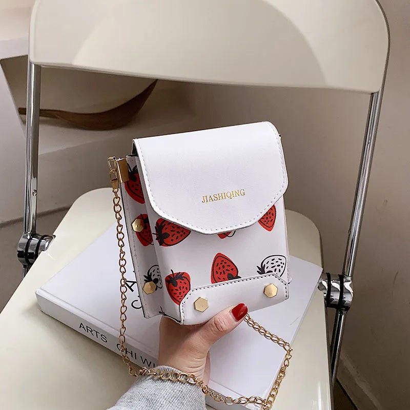 Spring Girl Bag Small Square Shoulder Bag PU Leather Strawberry Printing Phone P