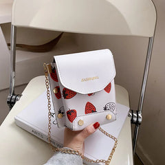 Spring Girl Bag Small Square Shoulder Bag PU Leather Strawberry Printing Phone P