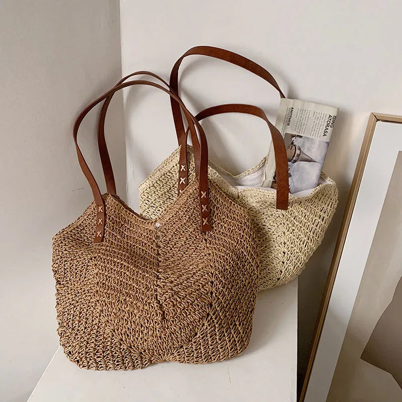 Hand-woven Women's Big Shoulder Handbag Rattan Straw Beach Tote Bag