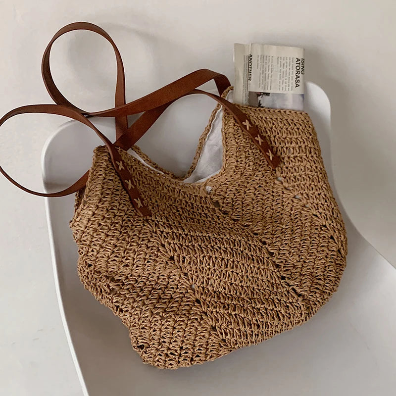 Hand-woven Women's Big Shoulder Handbag Rattan Straw Beach Tote Bag