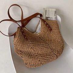 Hand-woven Women's Big Shoulder Handbag Rattan Straw Beach Tote Bag
