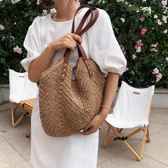 Hand-woven Women's Big Shoulder Handbag Rattan Straw Beach Tote Bag