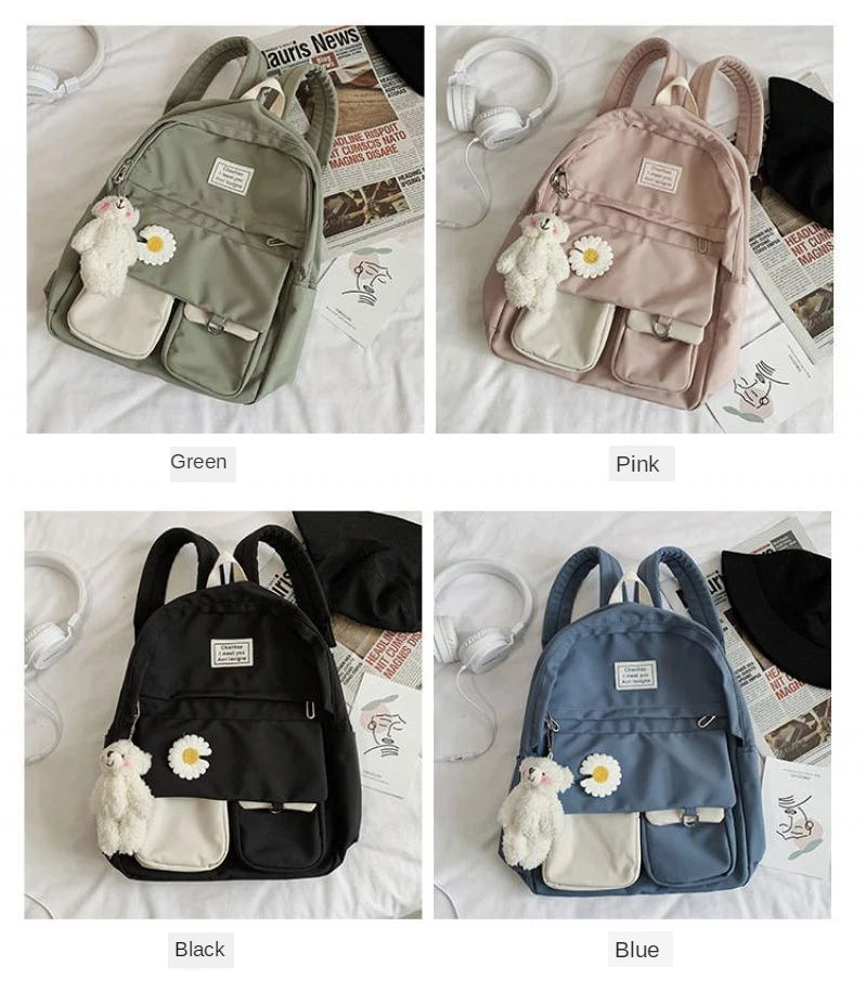 Preppy Style Women's Backpack with Doll Pendant