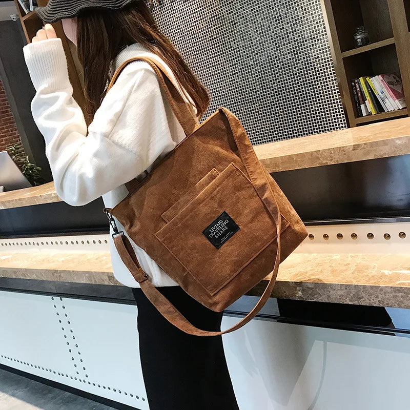 Women Corduroy Zipper Shoulder Bag Casual Tote Eco Crossbody Bag