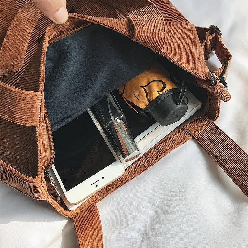 Women Corduroy Zipper Shoulder Bag Casual Tote Eco Crossbody Bag
