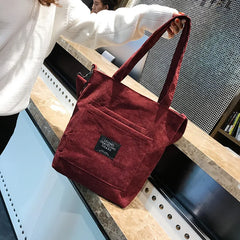 Women Corduroy Zipper Shoulder Bag Casual Tote Eco Crossbody Bag