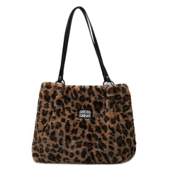 Leopard Print Faux Fur Bucket Bag High Capacity Tote Winter Lady Bag