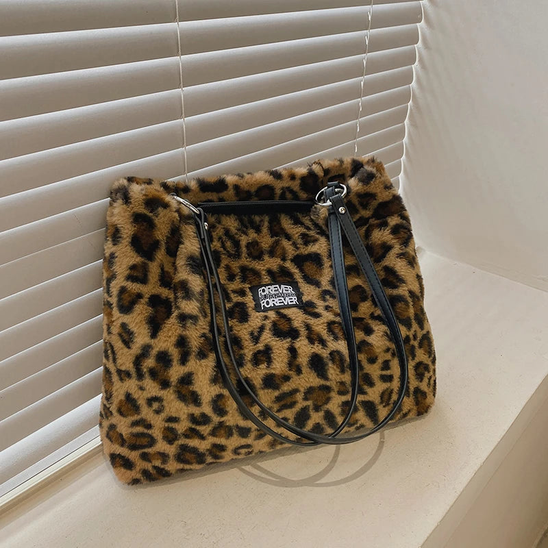 Leopard Print Faux Fur Bucket Bag High Capacity Tote Winter Lady Bag