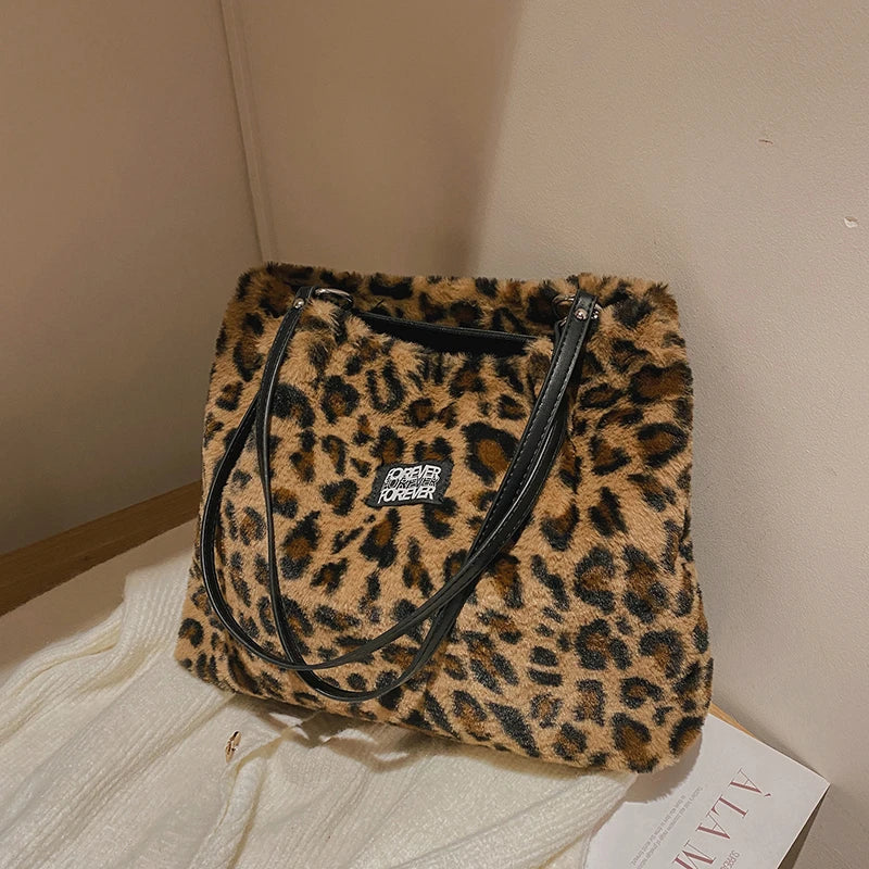 Leopard Print Faux Fur Bucket Bag High Capacity Tote Winter Lady Bag