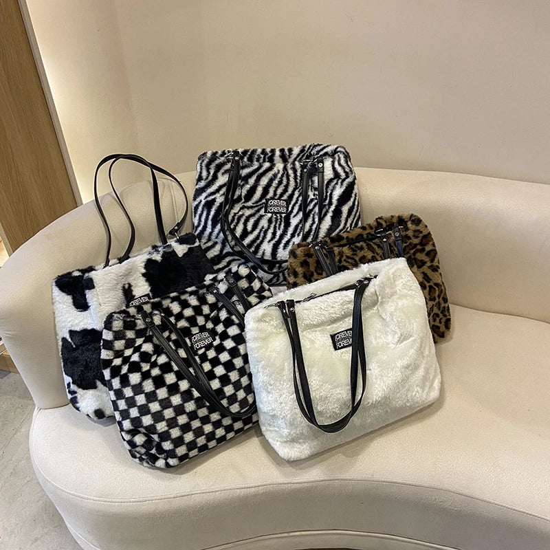 Leopard Print Faux Fur Bucket Bag High Capacity Tote Winter Lady Bag