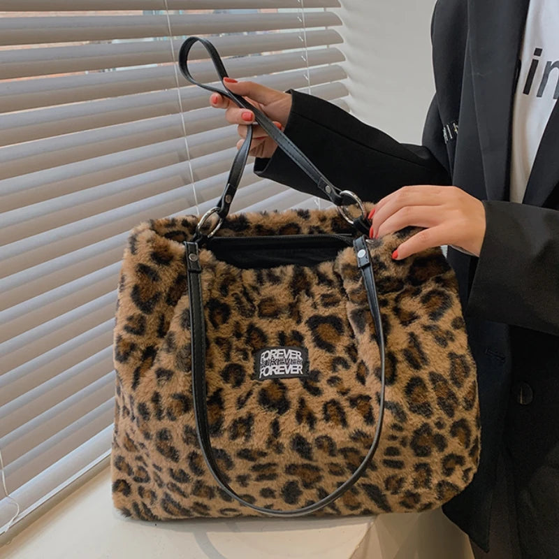 Leopard Print Faux Fur Bucket Bag High Capacity Tote Winter Lady Bag