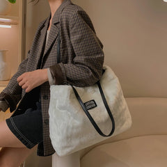 Leopard Print Faux Fur Bucket Bag High Capacity Tote Winter Lady Bag