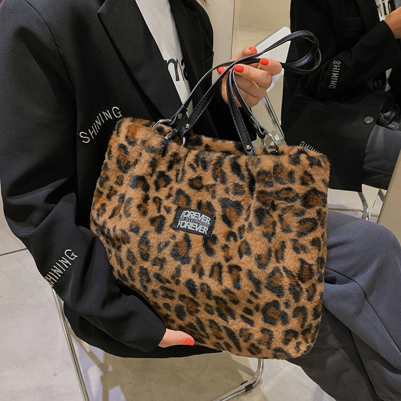 Leopard Print Faux Fur Bucket Bag High Capacity Tote Winter Lady Bag