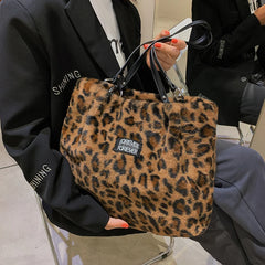 Leopard Print Faux Fur Bucket Bag High Capacity Tote Winter Lady Bag