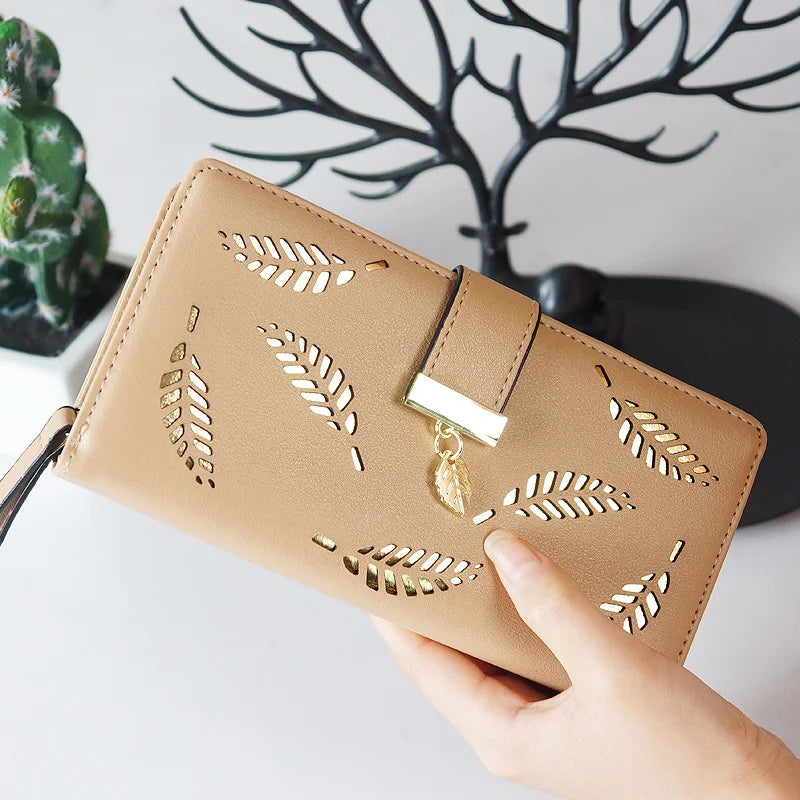 Women's Long Card Wallet with Creative Leaf Design